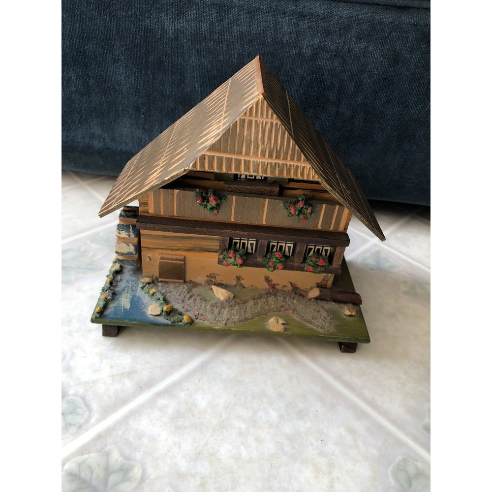 1970s vintage Mill Chalet wooden jewelry Music box works Es steht Eine Muhle